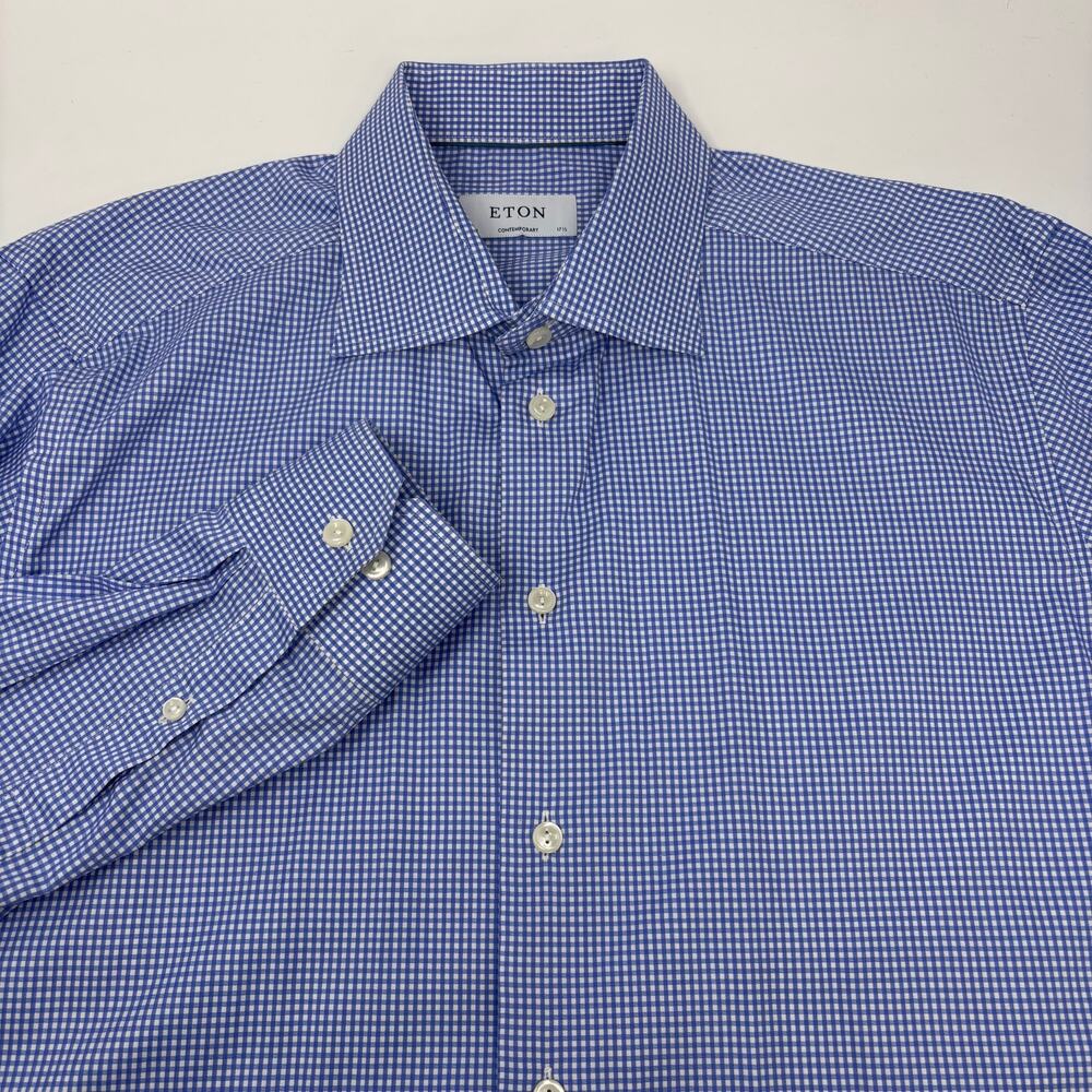 Eton 17‎ 1/2 44 Contemporary Blue Check Long Sleeve Button Up Shirt